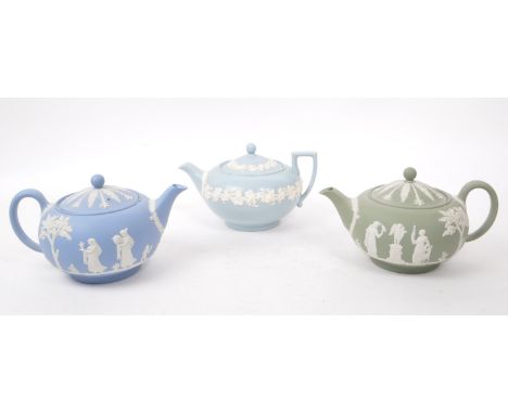 Wedgwood - Collection of three vintage 20th century ceramic teapots, comprising of two Jasperware teapots in sage green and b