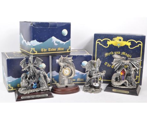 Myth &amp; Magic by The Tudor Mint - Four modern cast pewter statue dragon figurines. To include The Dragon's Watch, Rising o