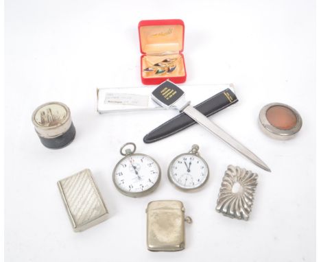 A collection of 20th century metal travel pocket items. The collection to include two pocket watches, a selection of vesta ca