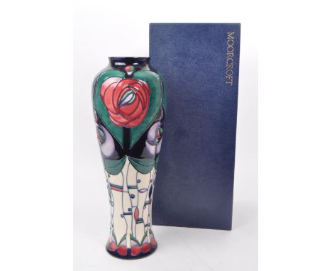 Moorcroft Pottery - Modern tube lined ceramic tapering vase, Tribute to Charles Rennie Mackintosh, designed by Rachel Bishop 
