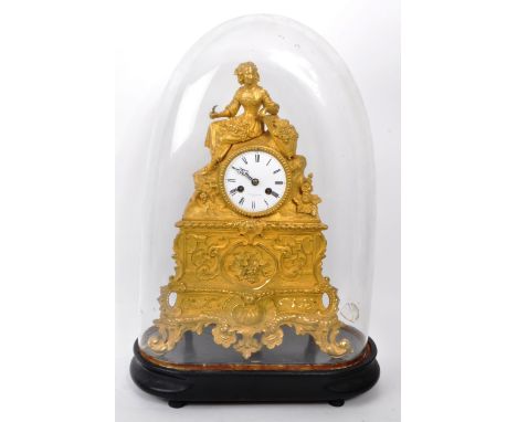 A B Savory &amp; Sons - A 19th-century vintage ormolu mantel clock, with a glass dome and key, raised upon a wooden base with