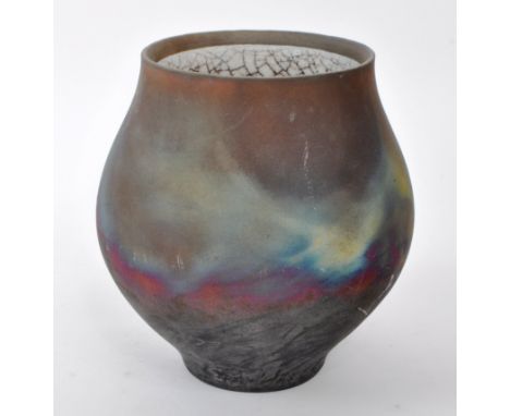 Tim Andrews (B. 1960) - A vintage late 20th-century ceramic raku vase, with smoky yellow, blue, and pink colours to a charcoa