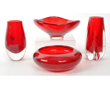 Four vintage mid-century, believed to be Whitefriars, red glass pieces. Including two small vases, and two small bowls / squa