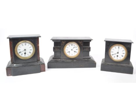 Three Victorian 19th century slate and marble mantel clocks. Comprising of, a French J. Whitehead slate clock with carved gil