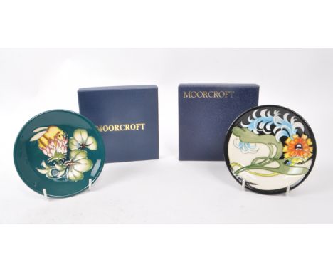 Moorcroft Pottery - Two modern ceramic pin dishes, one in the lily plume pattern and the other bumblebee. Designed by Emma Bo