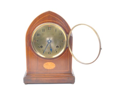 New Haven - A vintage Edwardian British inlaid mahogany mantel clock, featuring a brass clock face with arabic chapter ring, 