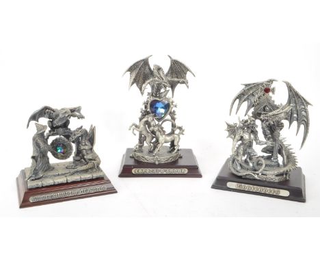 Myth &amp; Magic by The Tudor Mint - Three early 21st-century cast pewter statue dragon figurines. Including 'Contenders' no.