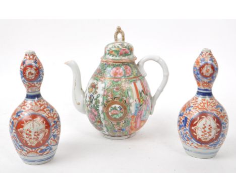 A collection of three early 20th century Asian China pieces, comprising of a Chinese teapot decorated in green and pink flora