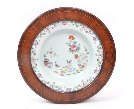 An 18th century Chinese Famille Rose plate / dish in an inlaid Edwardian case. Believed to be from the Qianlong Period, decor