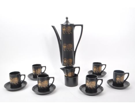 Portmeirion - A vintage mid-century 'Byzantine Gold Lion' pottery coffee service, comprising of, a coffee pot, six cups / mug