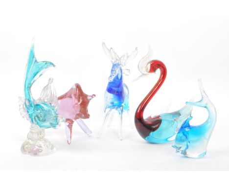 A collection of mid 20th century Italian Venetian Murano studio art glass animal figures. The collection to include two fish 