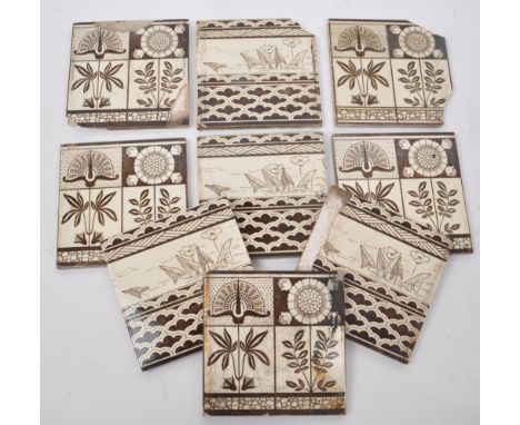 Wedgwood - Etruria - A collection of nine Victorian square ceramic tiles, in two brown and cream-coloured designs. One featur