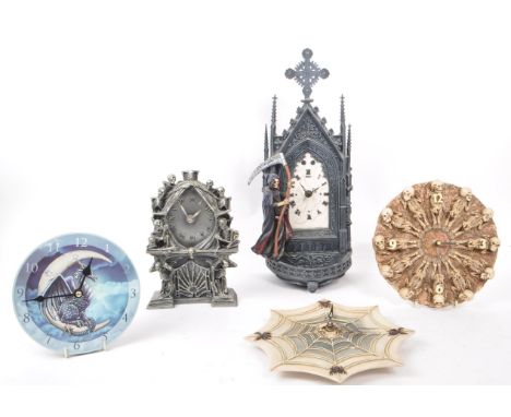 Five 21st-century wall and table skeleton clocks, comprising of, two Nemesis Now resin table mantel clocks, depicting skeleto