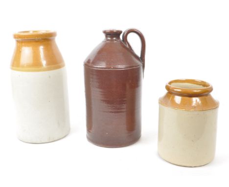 Three 19th century pieces of stoneware jars, comprising of a Bourne Denby stoneware salt glaze inkwell / bottle, and two trea