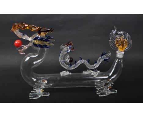 A vintage 20th century murano style Chinese dragon glass decanter. With flame tail stopper, tubular body with coloured glass 