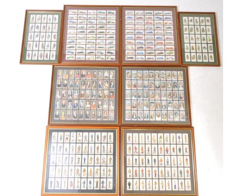 A large collection of framed and glazed vintage 20th century cigarette cards to include cars,people, people on horseback and 