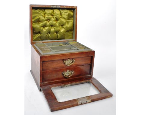 A vintage 1915 mahogany carved jewellery box, inlaid with a brass handle and plaque that reads 'Presented to m. Cartwright by