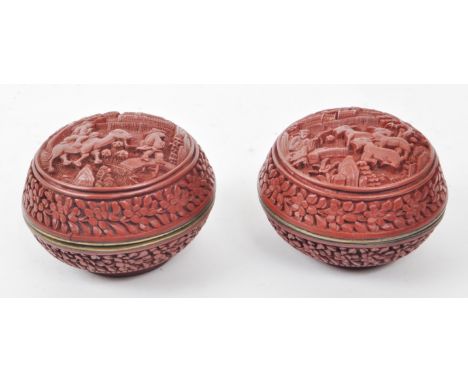 Early 20th century red lacquered cinnabar trinket boxes. With farmer figures with goats, and Asian Chinese landscape. With an