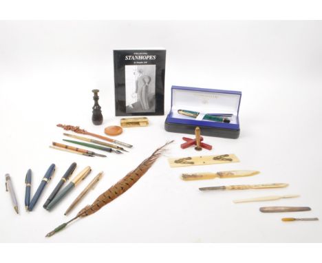 A collection vintage 20th century &amp; later pens / stationary accessories. Including wax seal stamps, compass, quill, fount