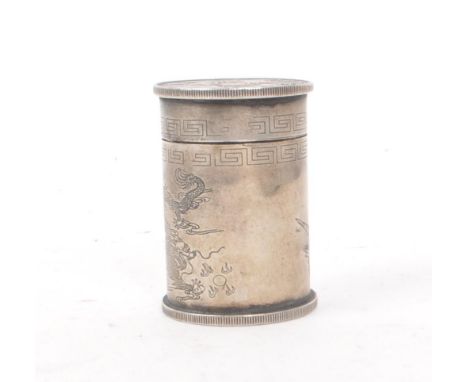 A vintage 20th century Chinese fat man coin style cylindrical box. With a fat man coin style piece on either end of the box, 