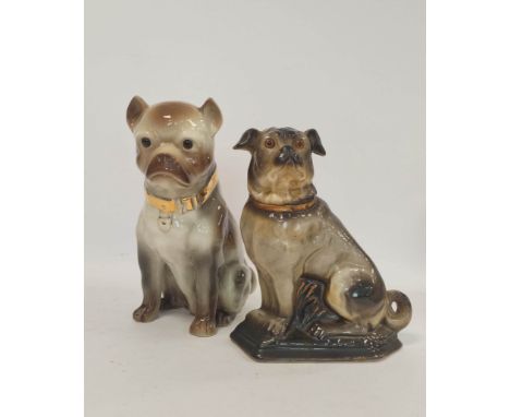 Early 20th century ceramic figure of a seated pug dog, with glass eyes and gilt collar, 34cm high, and a Staffordshire style 