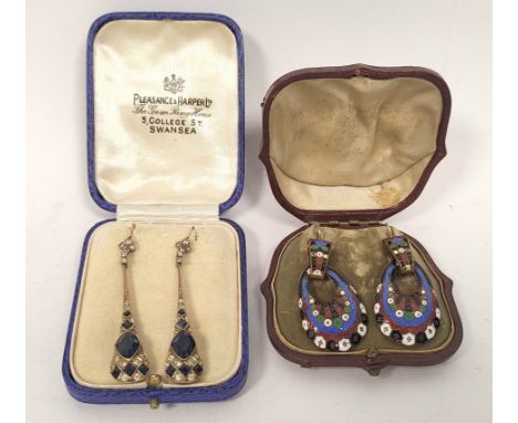 Pair of paste blue and white drop earrings; another pair, enamel.&nbsp; (4). 