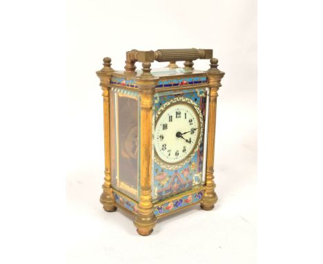 Carriage timepiece with replaced lever platform, in champlevé enamel case of Anglaise style, 11cm. 