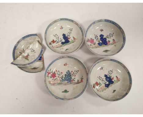 Four late 18th century near matching porcelain saucer dishes, probably A & E Keeling, pattern 233, in the Chinese palette, ro