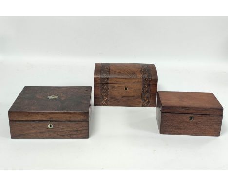 Victorian walnut marquetry domed tea caddy, 15cm x 25cm x 14cm, with a Victorian rosewood sewing box, enclosing fitted silk c