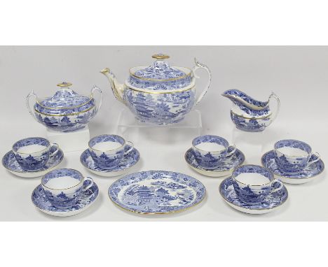 Early 19th century Spode Two Temples I, Variation Temple pattern blue and white transfer decorated teaset in the new oval sha