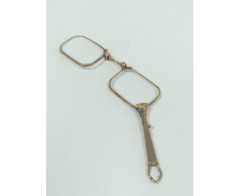 1920s continental gold lorgnette with rectangular lenses, unmarked, possibly14ct, 30g gross.