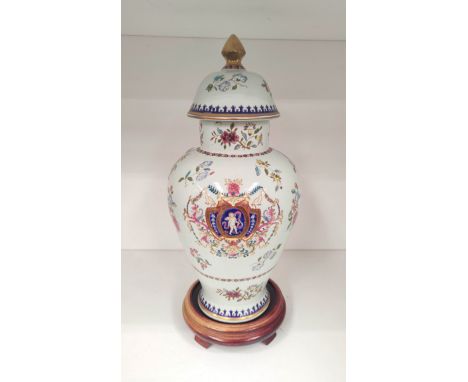 Late 19th/early 20th century armorial vase with cover, possibly by Samson of Paris, of baluster form with polychrome enamel c