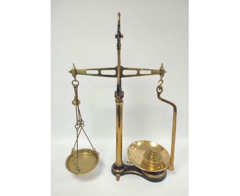 Set of antique brass and cast iron shop balance scales, marked for Co-Op Birmingham, to weigh 7lb, 84cm high, with five gradu
