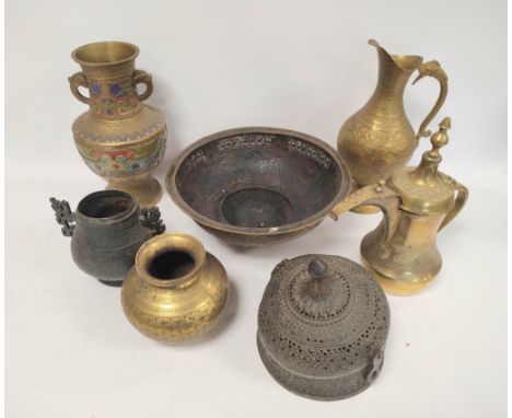 Antique Chinese and South East Asian brass and metal vases to include a Ming style bronze vase, lacking cover, a Chinese bras