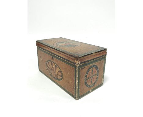 George III tea caddy, with painted panel of children to the top, opening to reveal pine lined compartments, above shell pater
