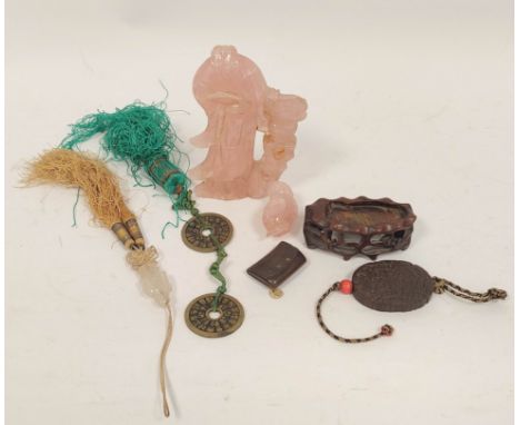 Oriental curios to include a carved wood inro, a Chinese brass Feng Shui coin pendant with tassel attachment, a pink quartz s