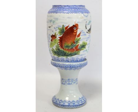 Chinese eggshell porcelain wedding lamp or lantern, the ovoid shade decorated with fish amongst weeds with calligraphic inscr