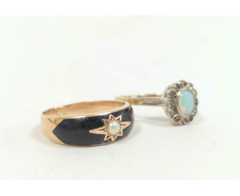 Enamelled mourning ring with pearl, in 9ct gold, and an opal gem ring, 4.2g.  (2)Condition report - size "N 1/2 " 