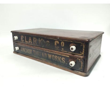 Victorian salesman's thread box, the drawers inscribed 'Clark &amp; Co of Paisley Anchor Thread Works', with ceramic handles,