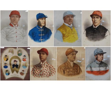 Seven late Victorian Illustrated Sporting & Dramatic News colour jockey chromolithograph portraits by Vincent Brooks, Day & S