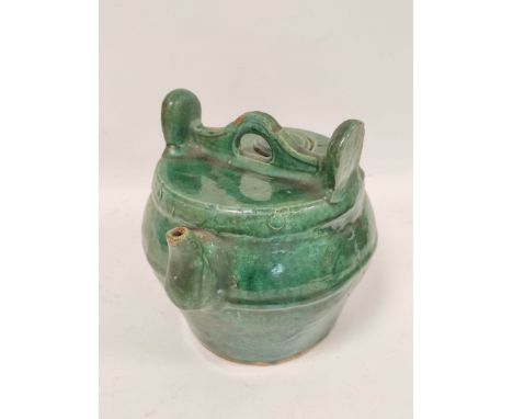 Qing Dynasty Chinese green glazed Shiwan pottery teapot, with cover, sancai green glaze, yoke handle with spout and lid, 25cm