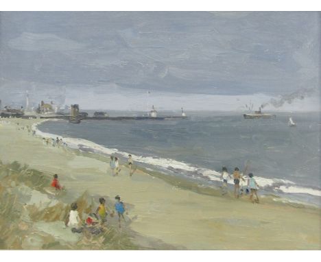 Campbell Archibald Mellon (1878-1955)
Oil on board
&ldquo;Gorleston Beach with Jetty&rdquo;, figures on beach with sailing ve