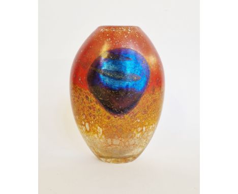 Norman Clark glass vase, flattened oval with abstract design, iridescent blue on red and yellow mottled ground, etched signat