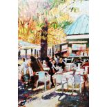 Jeremy Sanders  Oil on paper Continental cafe exterior with figures seated at tables, dated 99, 32cm