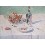Indistinct monogram HK 15 ? Oil on canvas Still life of food and wine on a table, 38cm x 50cm,