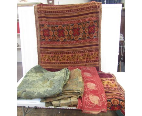 Two Victorian chenille table covers or hangings in burgundy with flowers, tasselled, an Art Nouveau red wool cover, two heavy