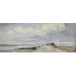 Marcus Ford (1914-1989) Oil on board Coastal scene with track leading to buildings, beneath grey