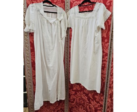 Various Edwardian late 19th century nightgowns, to include with broderie anglaise, lace trimmed, a cotton bed jacket with pin