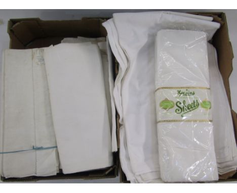 A quantity of vintage linen sheets, some unused, to include Irish linen, some labelled 'hand hem stitched linen sheets' (2 bo