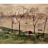 Mary Potter (1900-1981) Watercolour "The River Bank", sketch with trees, chair in foreground,